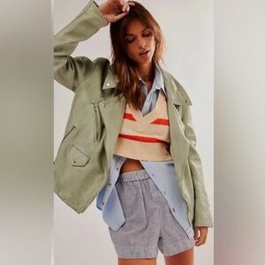 NWT - Free People - We the Free Jealousy Leather Moto Jacket - Mineral Sea Sz S